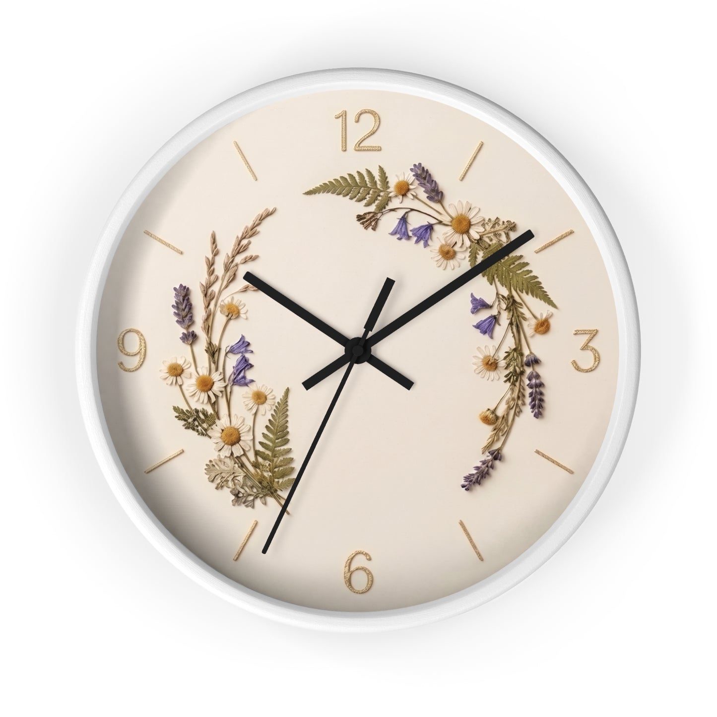 Wildflower Wreath Minimalist Wall Clock | Botanical Floral Timepiece