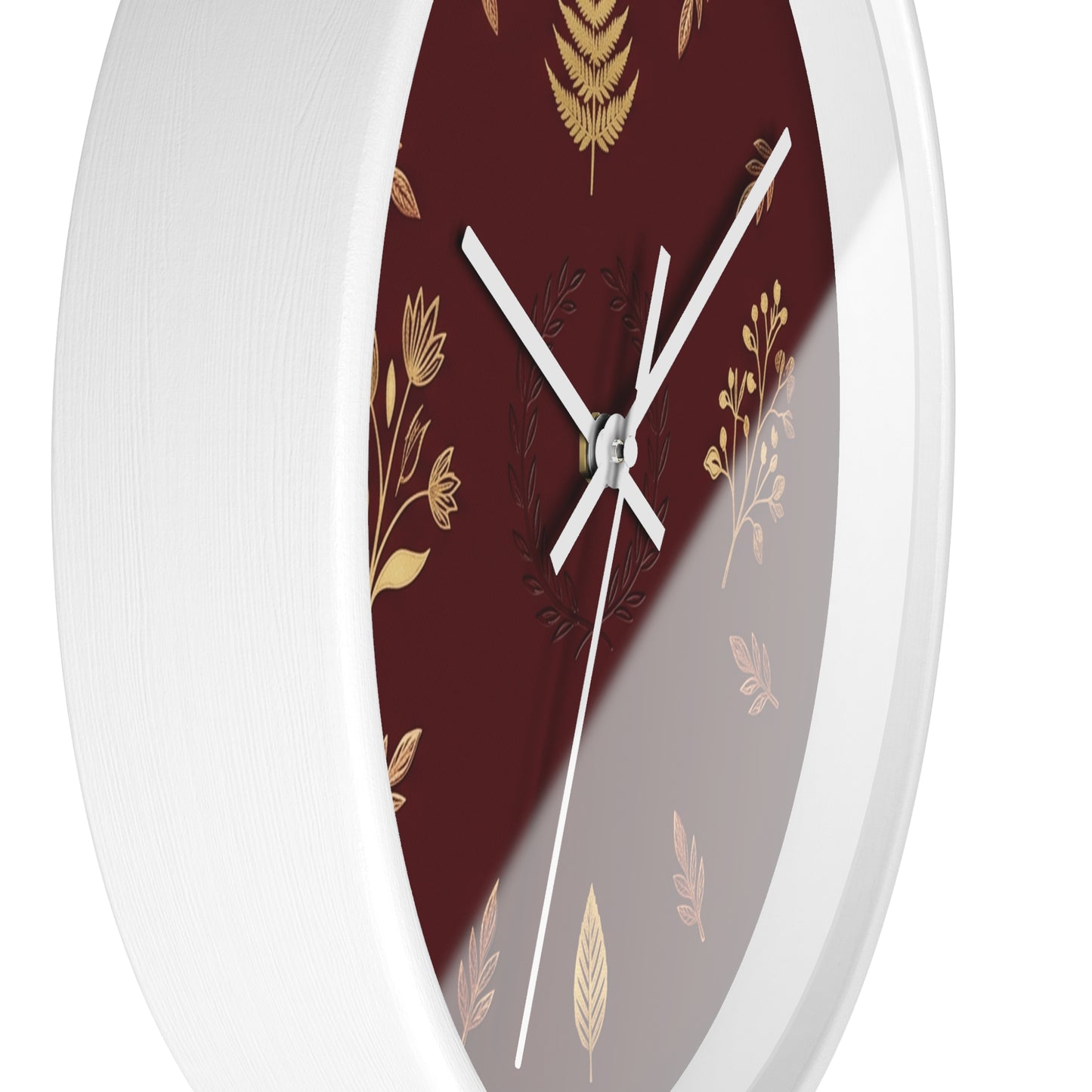 Gold Botanical Leaves Wall Clock | Maroon Floral Fern Home Decor