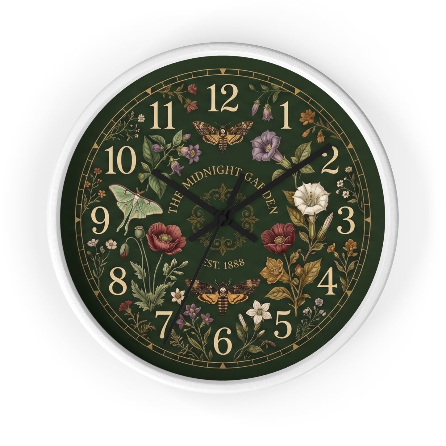 Vintage Floral Garden Clock | Botanical Wall Clock, Dark Green Floral Design