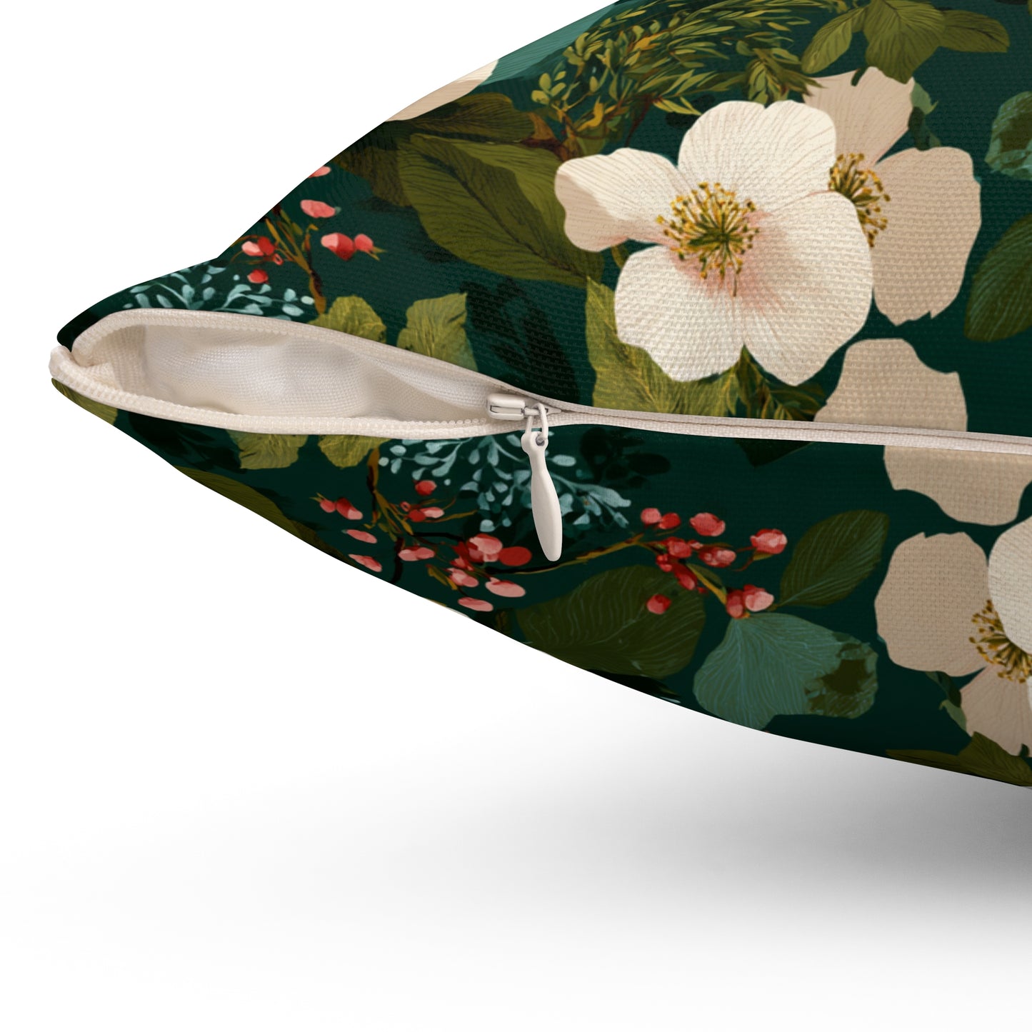 Cream Floral Pattern Pillow | Dark Green Botanical Throw Pillow