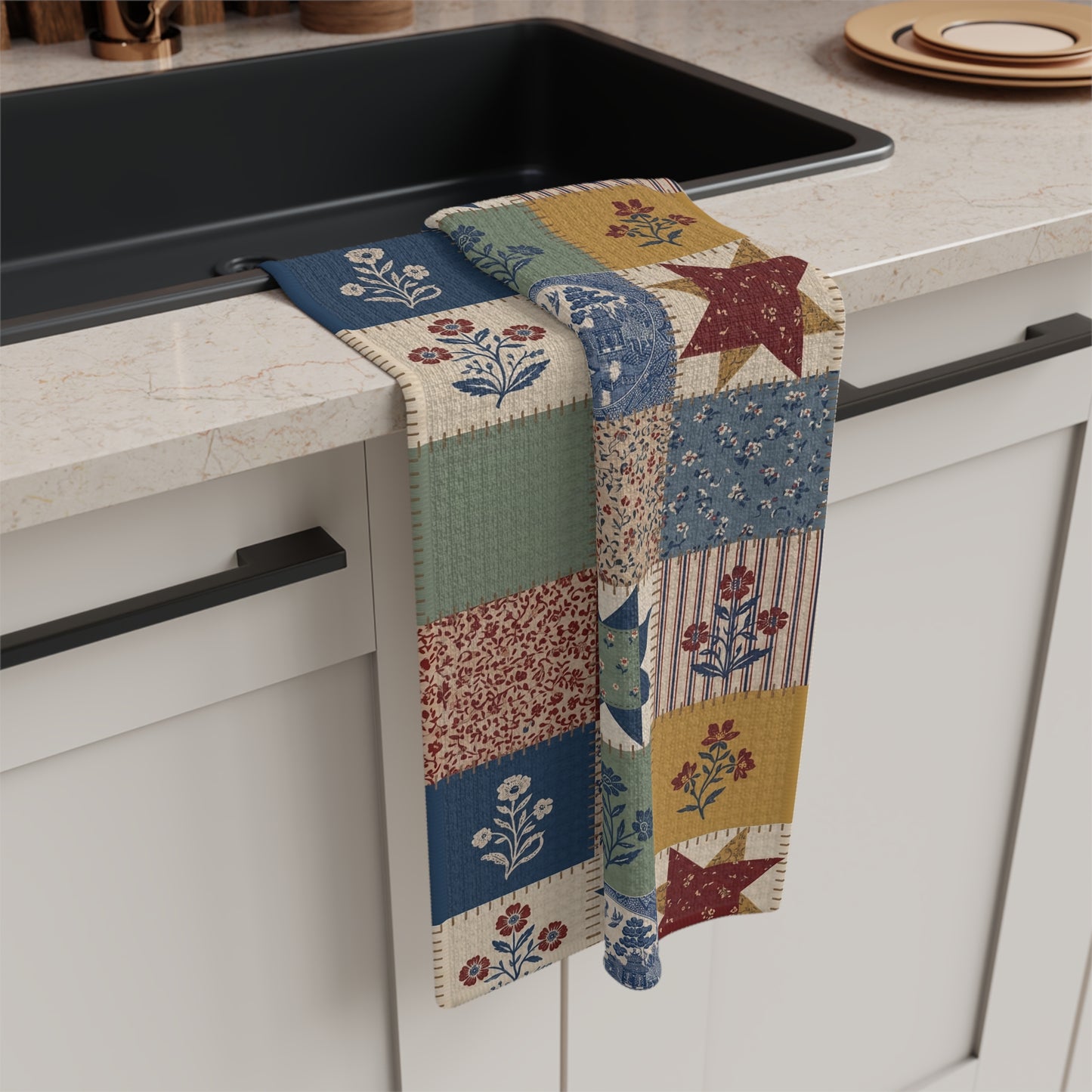 Country Quilt Patchwork Microfiber Tea Towel | Folk Floral Stars Patch Design