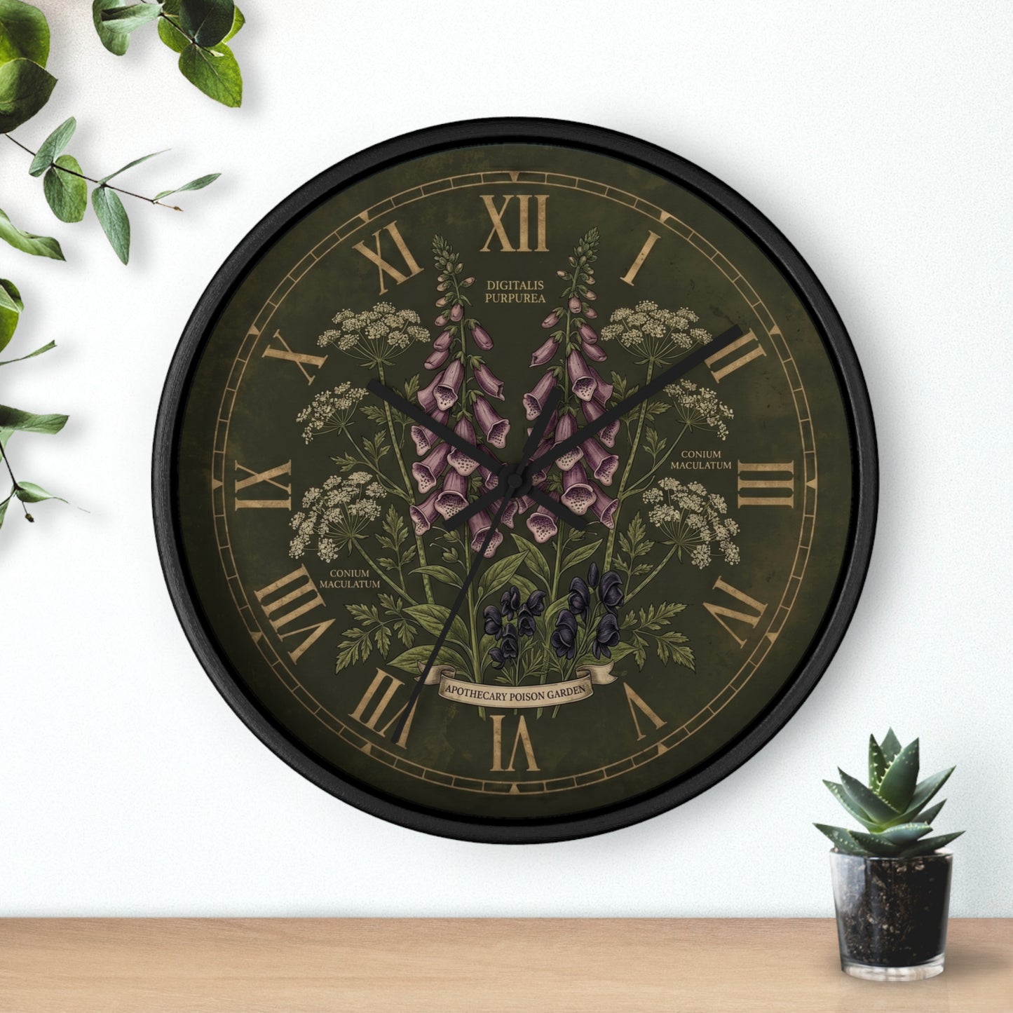 Vintage Botanical Foxglove Wall Clock | Apothecary Poison Garden, Roman Numerals, Dark Green Floral