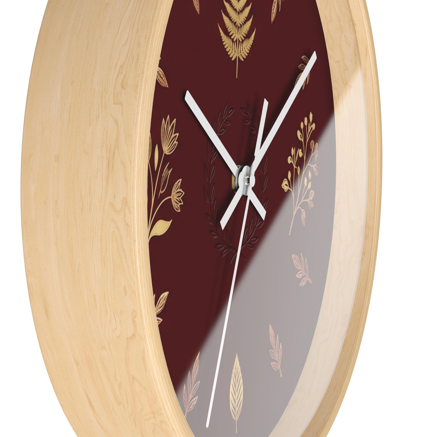Gold Botanical Leaves Wall Clock | Maroon Floral Fern Home Decor