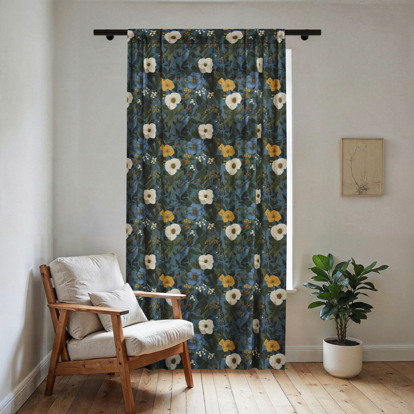Vintage Floral Pattern Sheer Window Curtain | Blue White Yellow Flowers