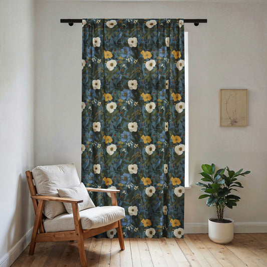 Vintage Floral Pattern Sheer Window Curtain | Blue White Yellow Flowers