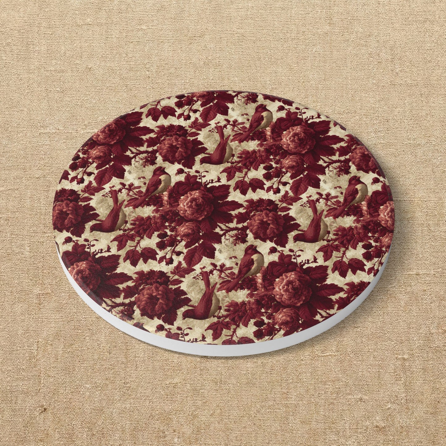 Vintage Toile de Jouye Floral Bird Pattern Ceramic Coaster | Burgundy Rose Botanical
