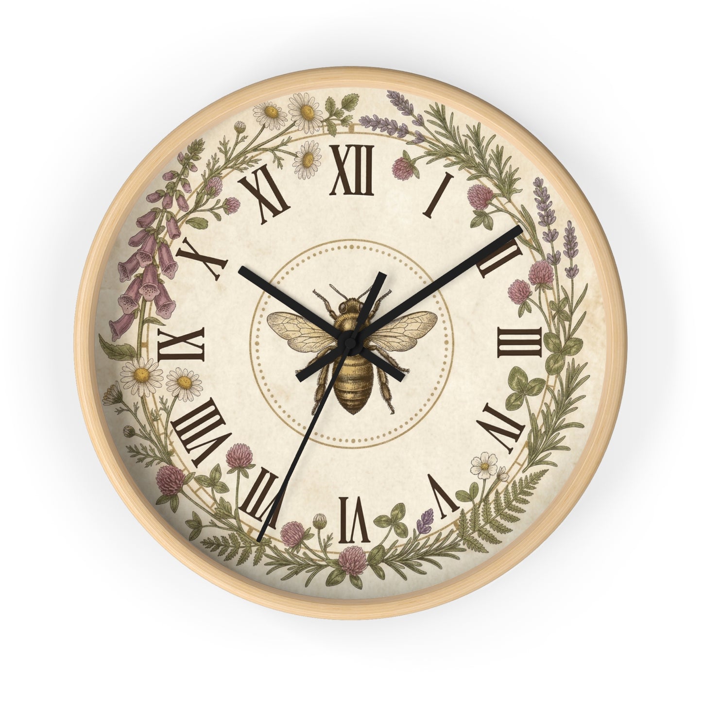 Vintage Bee Wreath Wall Clock | Floral Roman Numerals