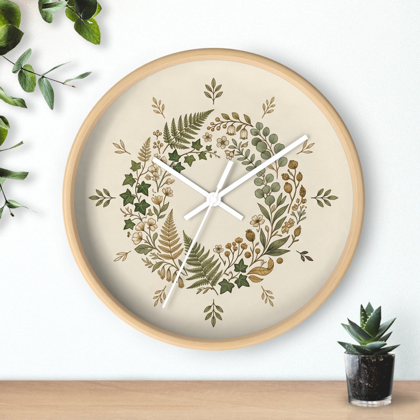 Botanical Wreath Wall Clock | Neutral Fern Floral Clock