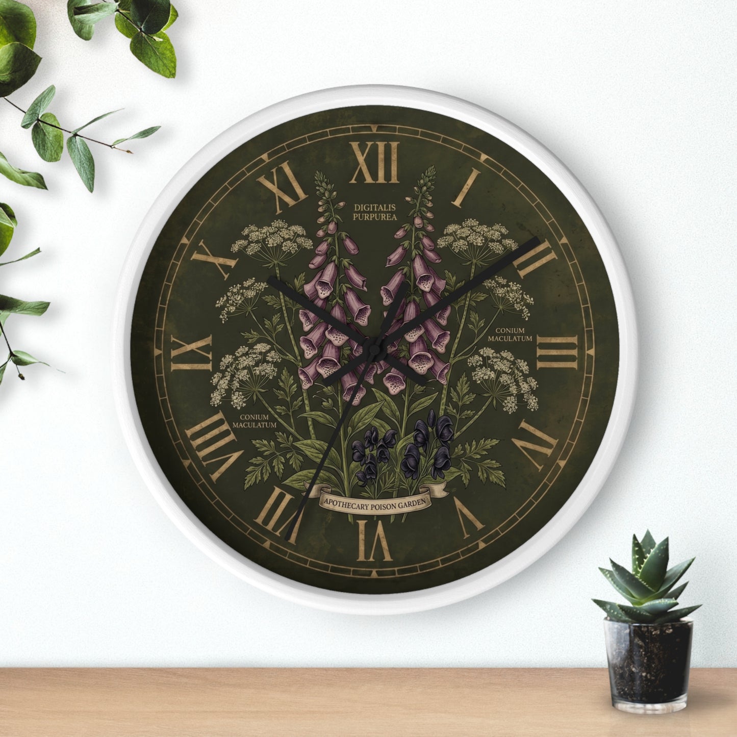 Vintage Botanical Foxglove Wall Clock | Apothecary Poison Garden, Roman Numerals, Dark Green Floral