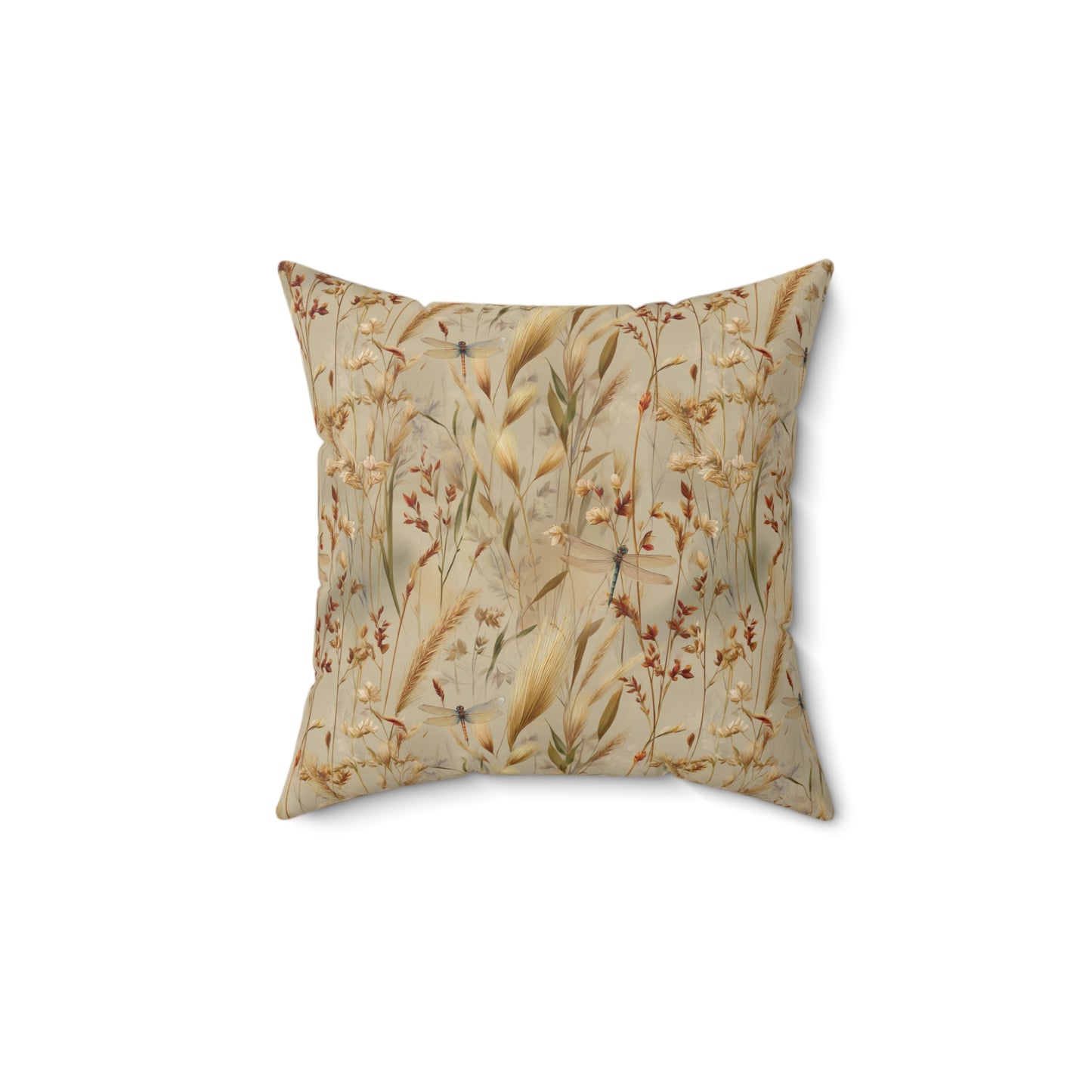 Neutral Botanical Print Pillow | Dried Wildflower Dragonfly Pattern, Square Throw Pillow