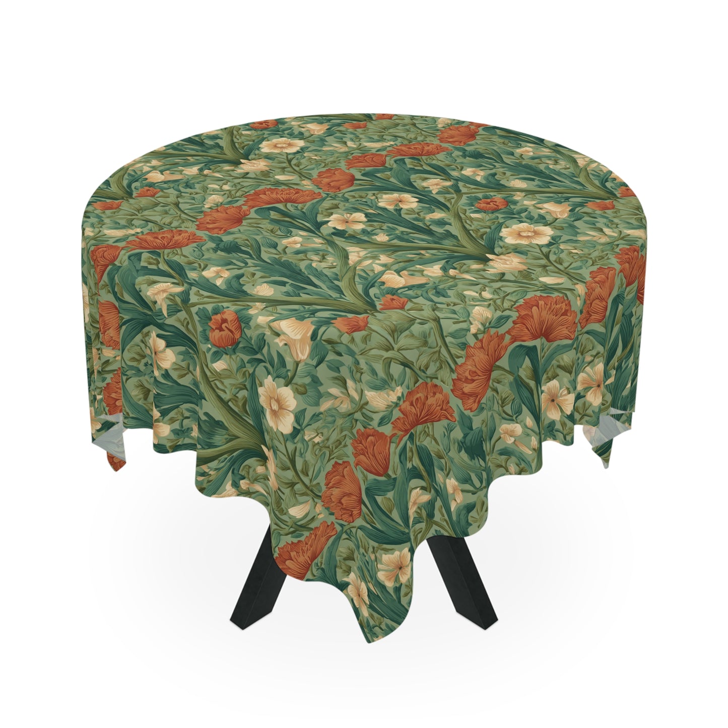 Vintage William Morris Style Floral Pattern Tablecloth | Green Poppy & Iris Design