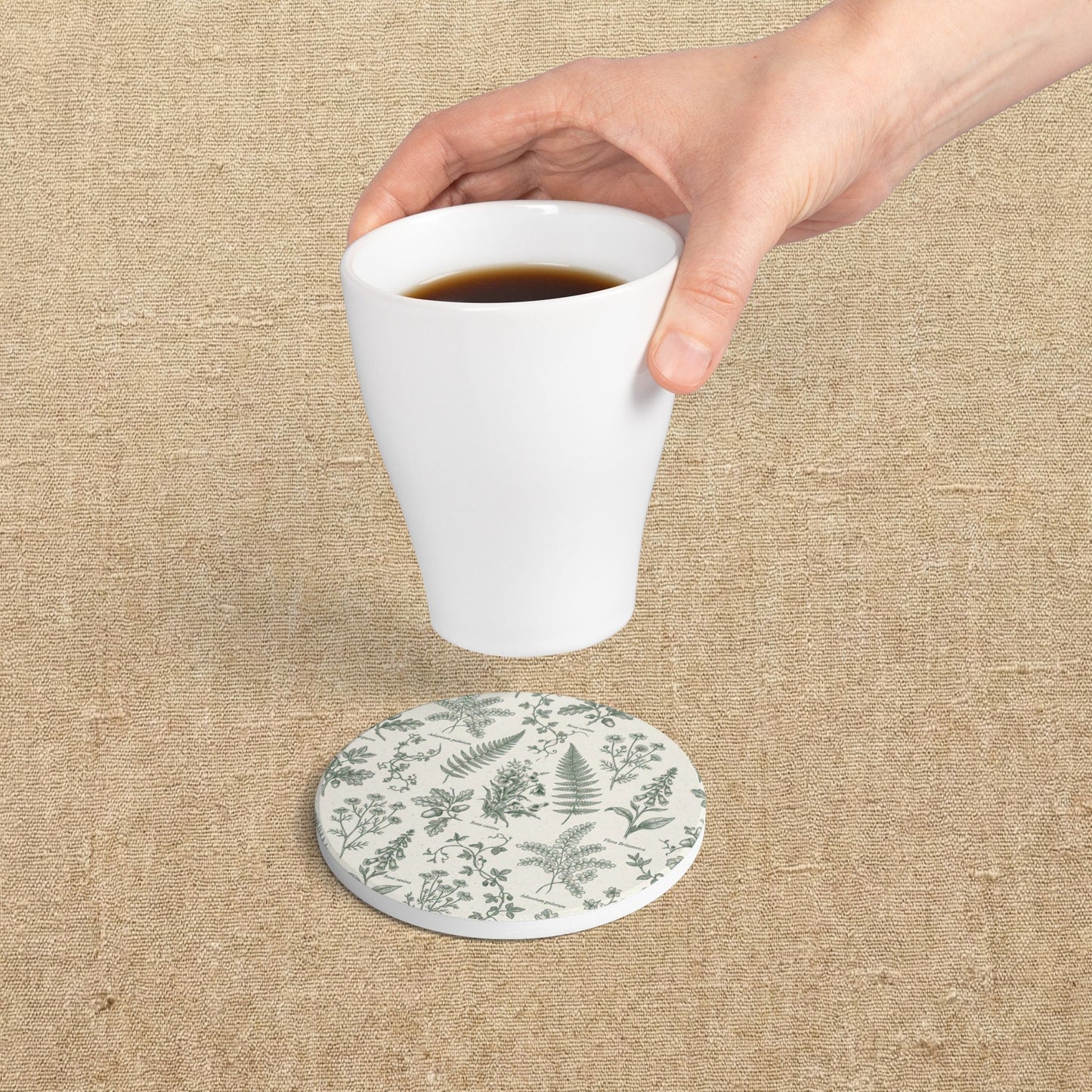 Botanical Herb Pattern Ceramic Coaster | Green Ferns & Wildflowers