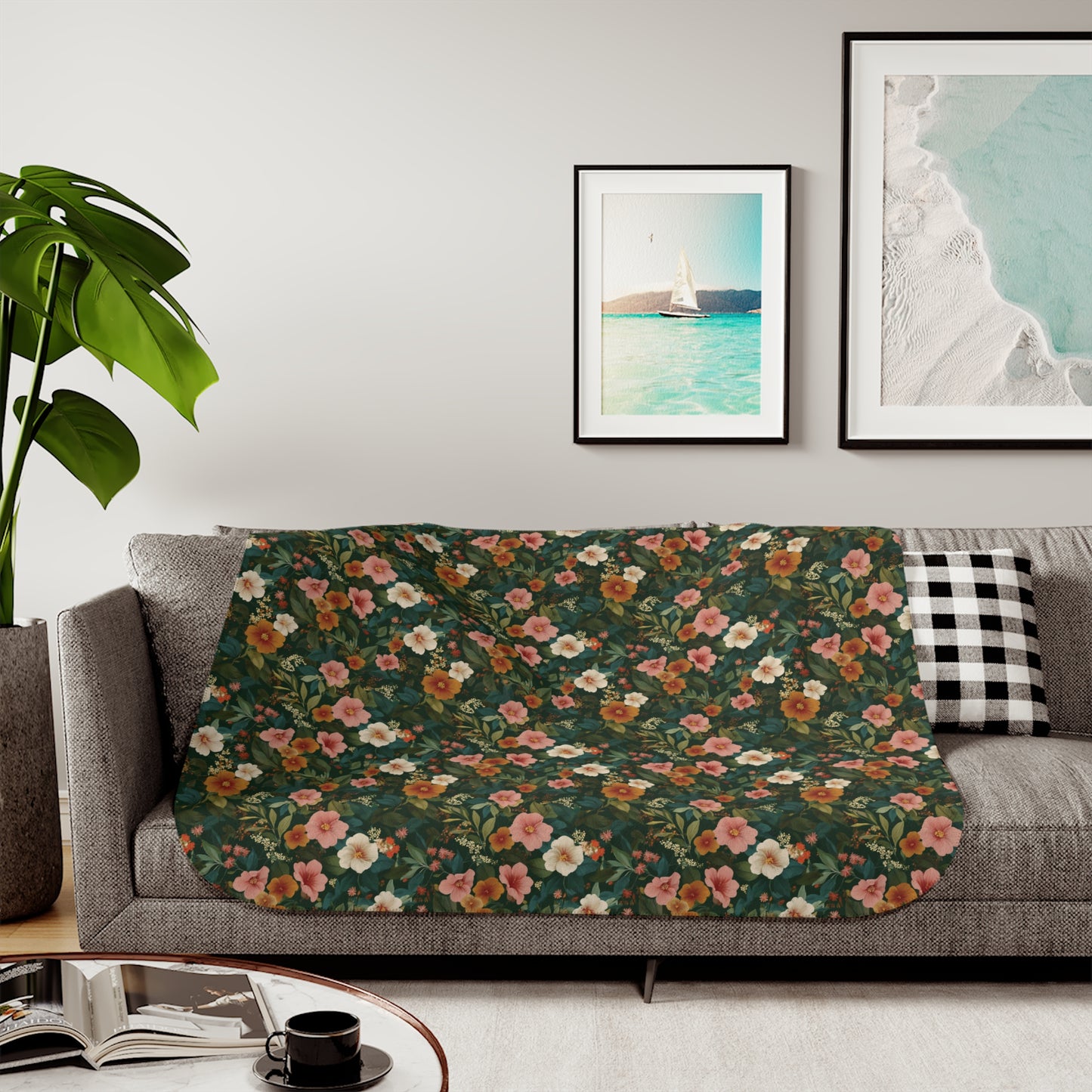 Vintage Floral Pattern Sherpa Blanket | Green, White, Orange and Pink Blossom Throw