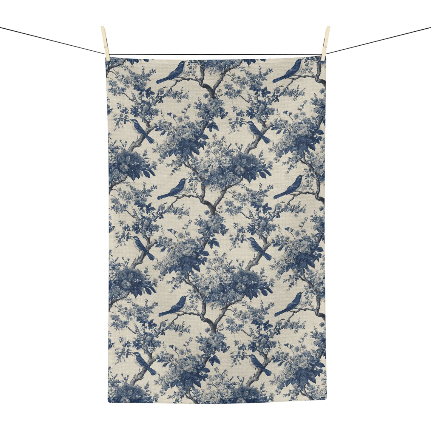 Blue Toile de Jouy Bird Pattern Tea Towel | Vintage Floral Tree Kitchen Towel