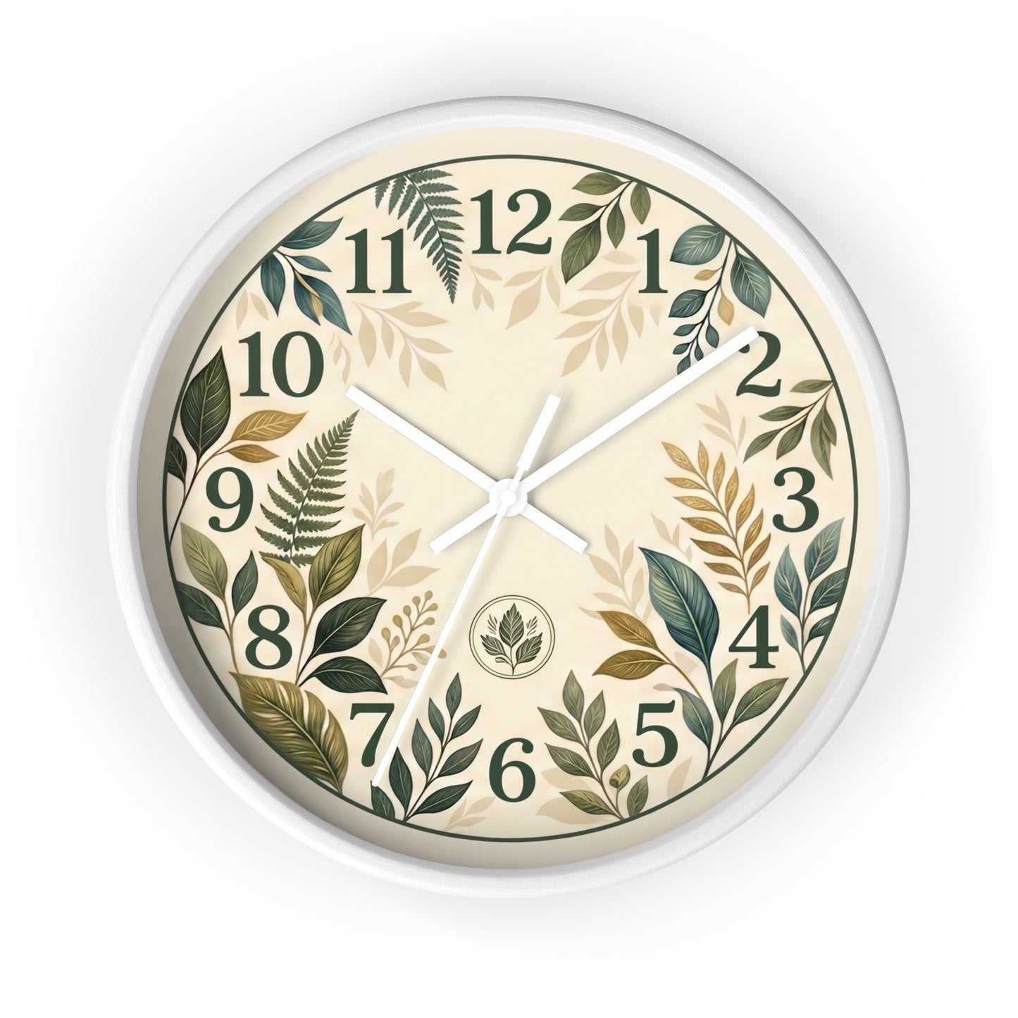 Botanical Leaves Wall Clock | Green Foliage Numbers, Neutral Rustic Decor