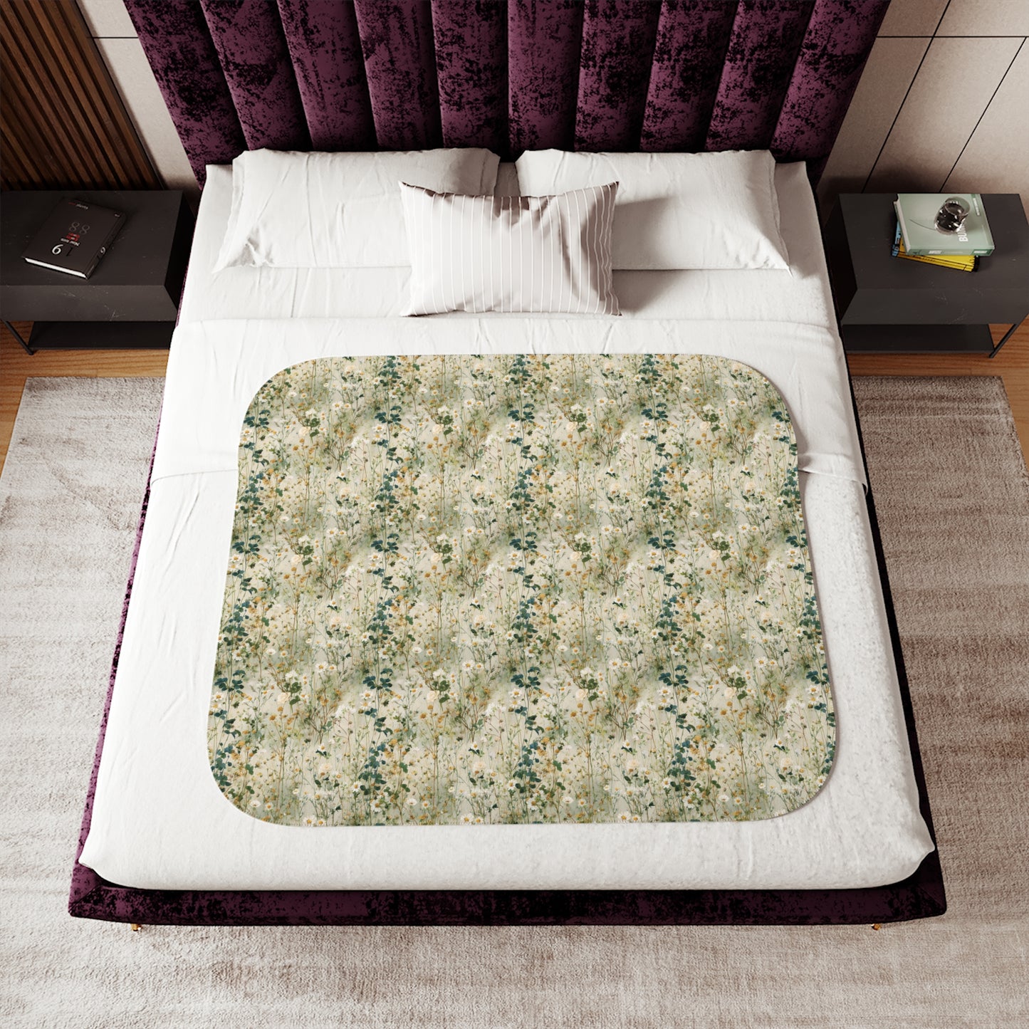 Vintage Wildflower Floral Pattern Sherpa Blanket | Neutral Botanical Throw