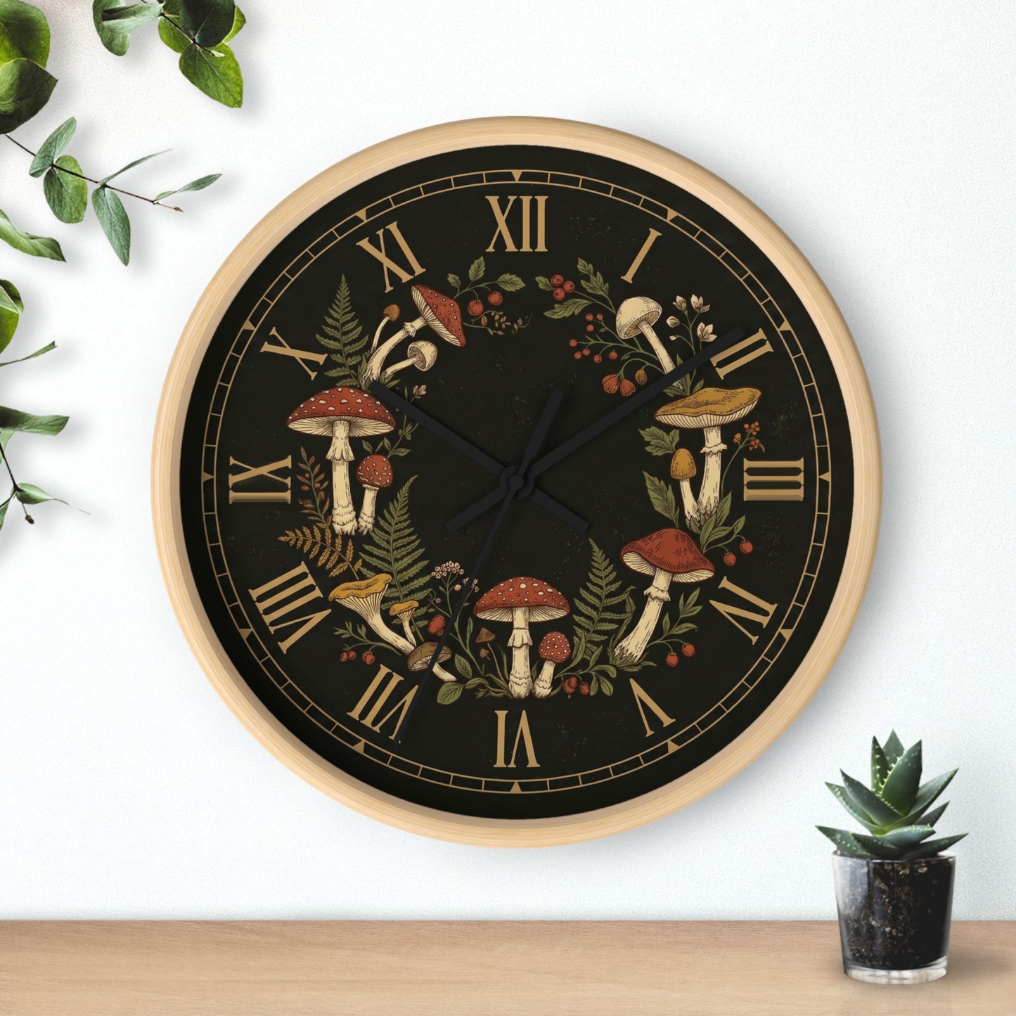 Vintage Mushroom Wreath Wall Clock | Botanical Roman Numerals