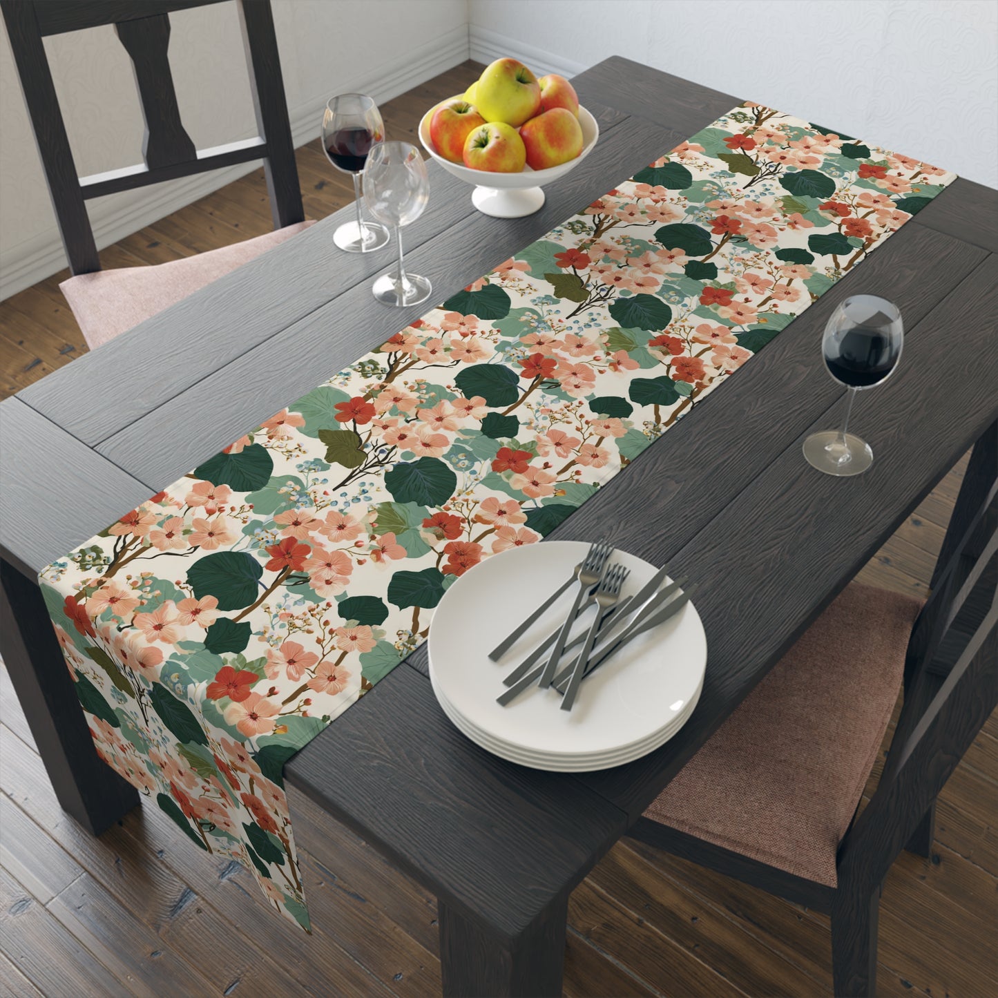 Vintage Floral Pattern Table Runner | Green Peach Cotton-Poly Blend