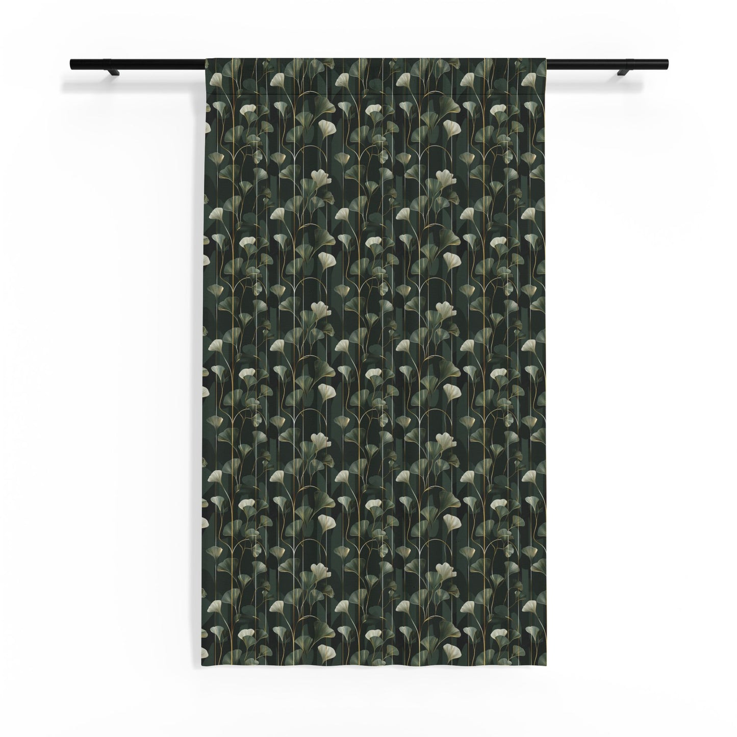 Dark Botanical Floral Sheer Window Curtain | Green Ginkgo Pattern