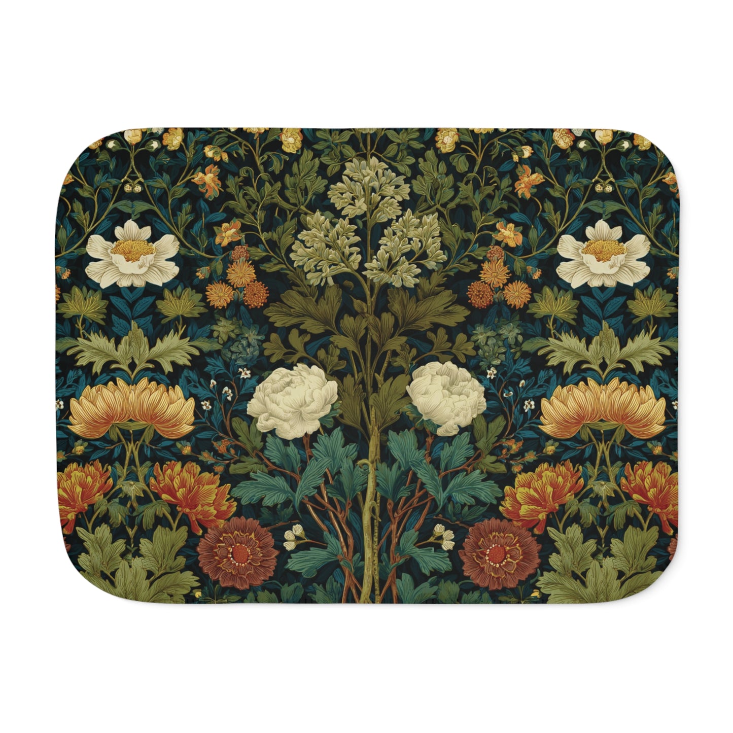 William Morris Style Floral Pattern Sherpa Blanket | Vintage Botanical Throw