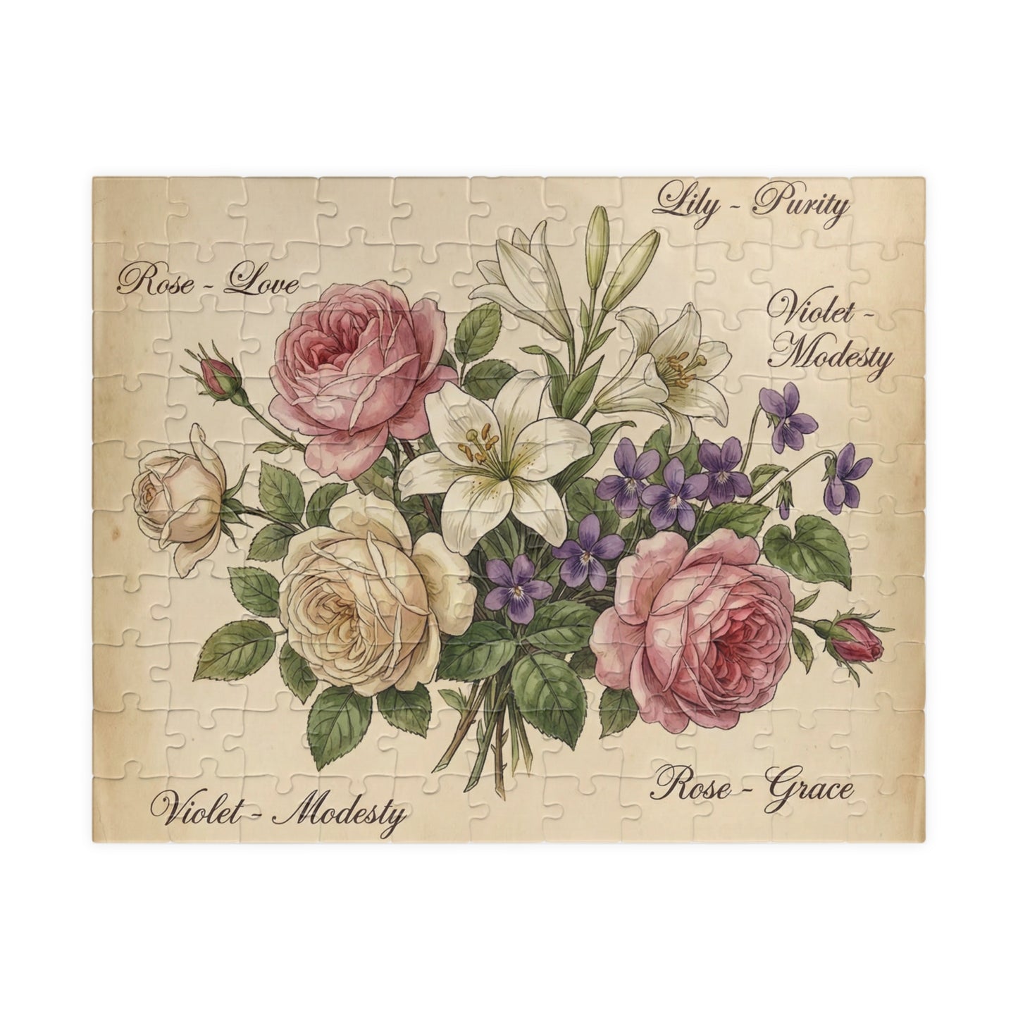 Vintage Floral Bouquet Puzzle | Rose Lily Violet Illustration
