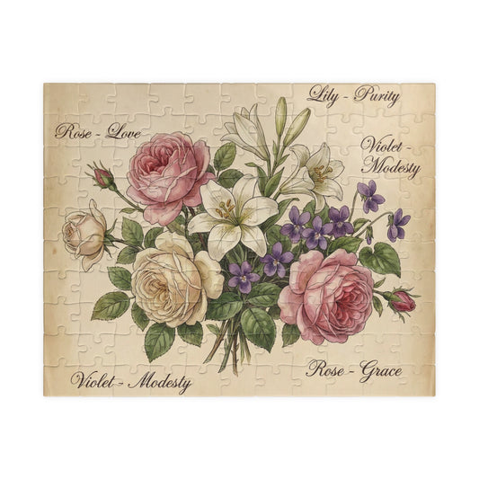 Vintage Floral Bouquet Puzzle | Rose Lily Violet Illustration