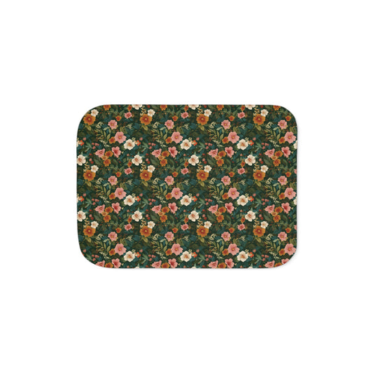 Vintage Floral Pattern Sherpa Blanket | Green, White, Orange and Pink Blossom Throw