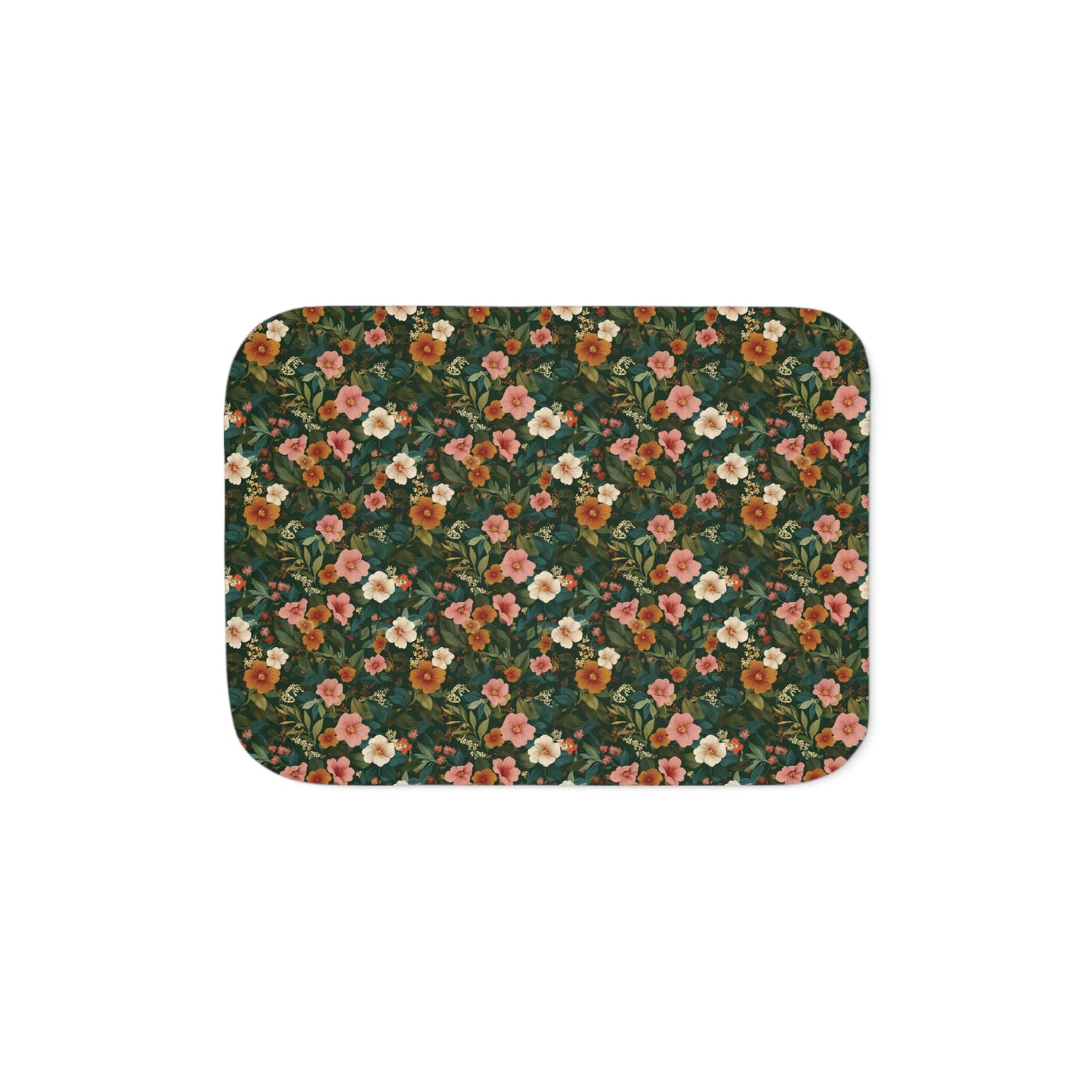 Vintage Floral Pattern Sherpa Blanket | Green, White, Orange and Pink Blossom Throw