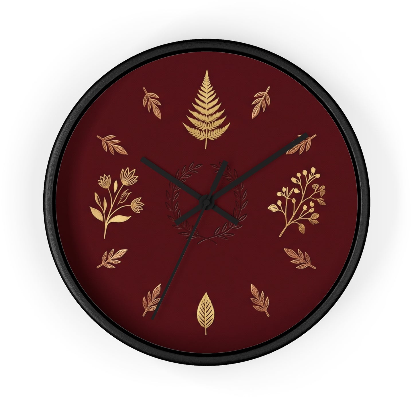 Gold Botanical Leaves Wall Clock | Maroon Floral Fern Home Decor