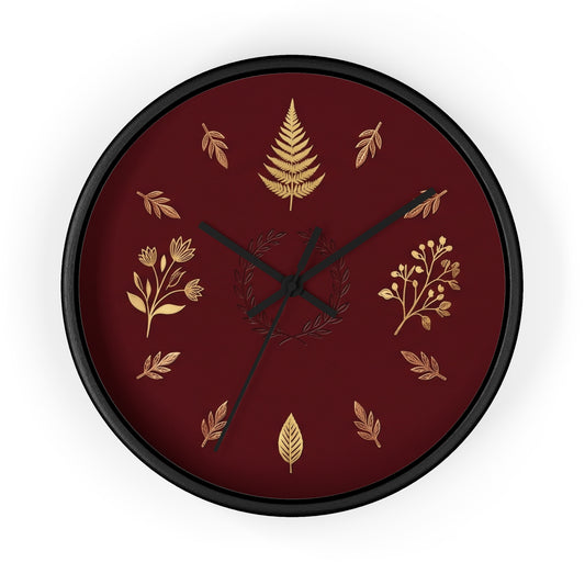 Gold Botanical Leaves Wall Clock | Maroon Floral Fern Home Decor