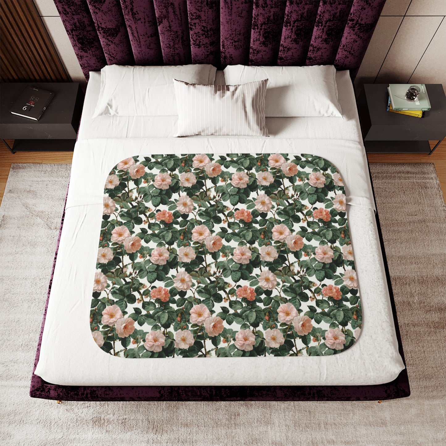 Roses Blossom Floral Sherpa Blanket | Green Leaves, Cozy Reversible Throw