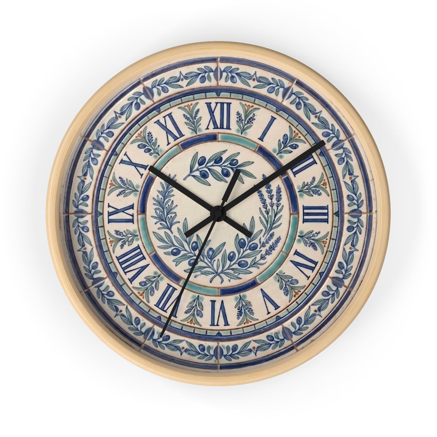 Blue Olive Wreath Wall Clock | Roman Numerals, Ceramic Tile Style