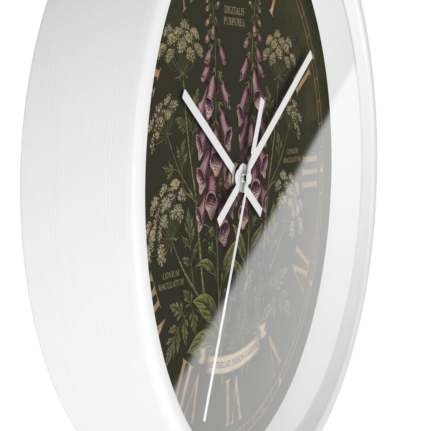 Vintage Botanical Foxglove Wall Clock | Apothecary Poison Garden, Roman Numerals, Dark Green Floral