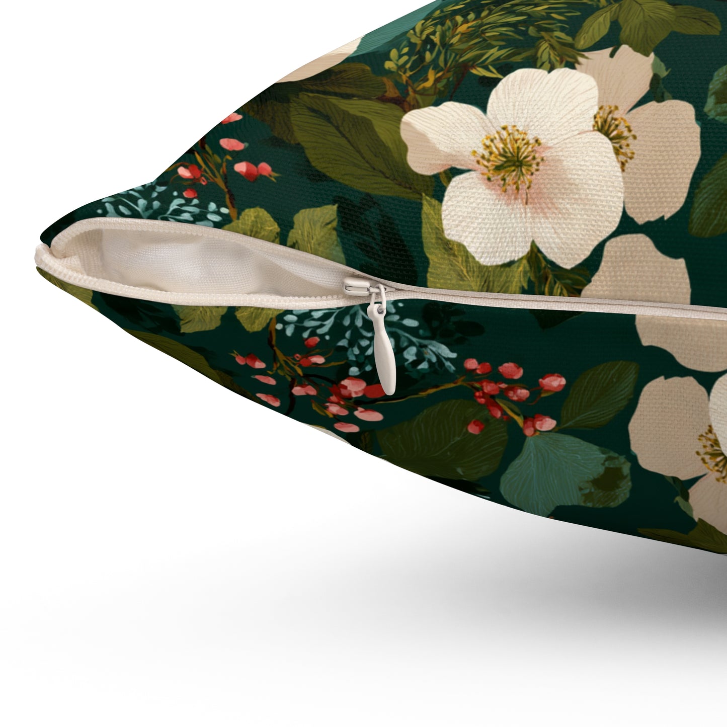 Cream Floral Pattern Pillow | Dark Green Botanical Throw Pillow