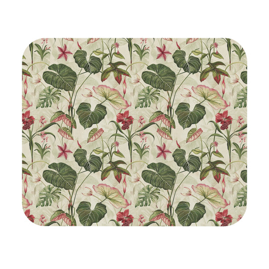 Vintage Tropical Pink Floral Mouse Pad | Botanical Leaves Pattern