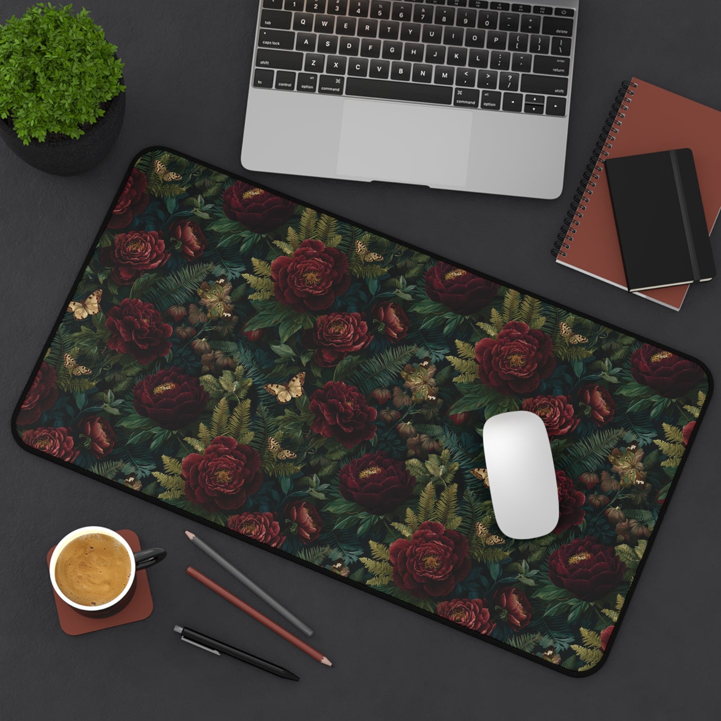 Dark Vintage Rose Desk Mat | Floral Pattern Mouse Pad, Victorian Botanical