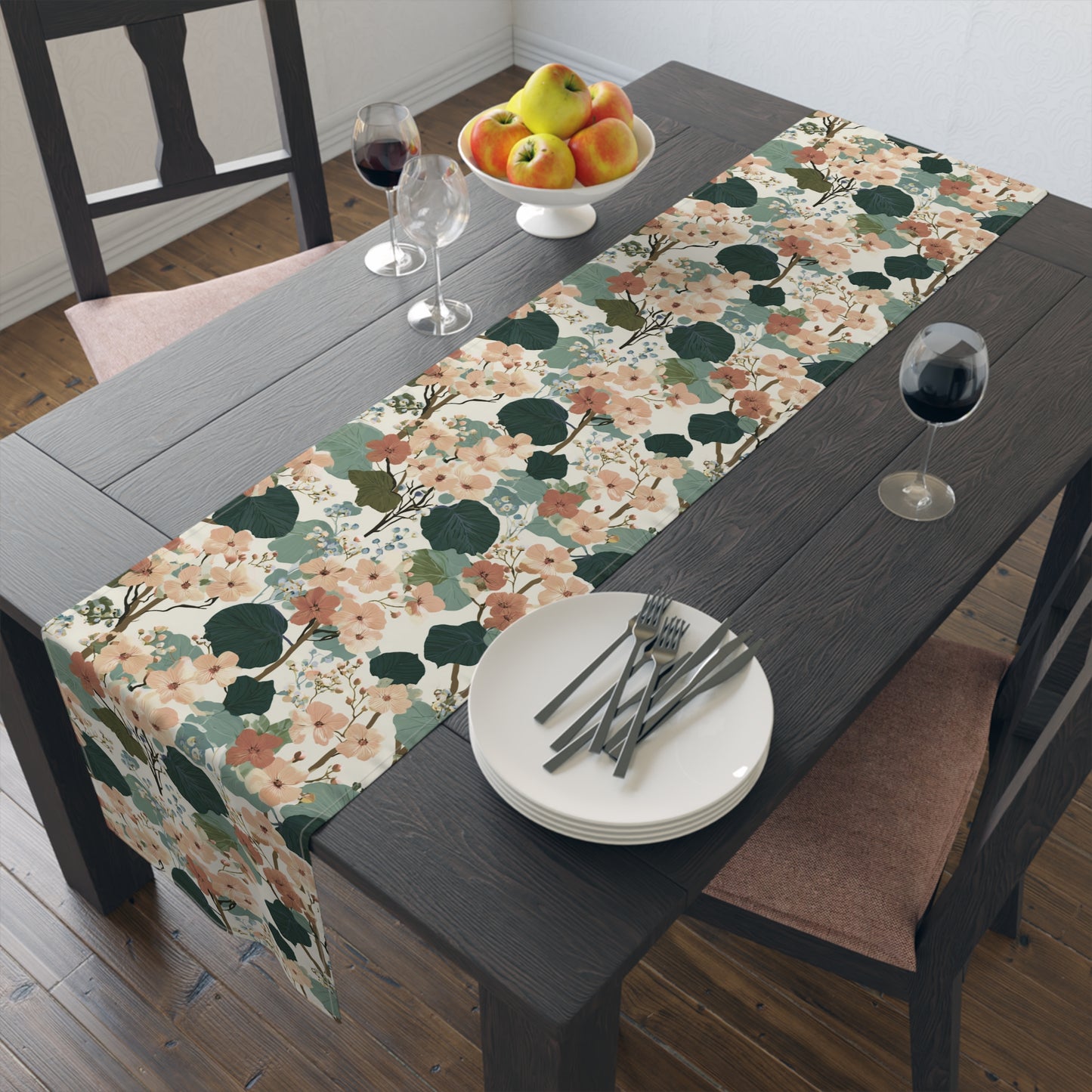 Vintage Floral Pattern Table Runner | Green Peach Cotton-Poly Blend
