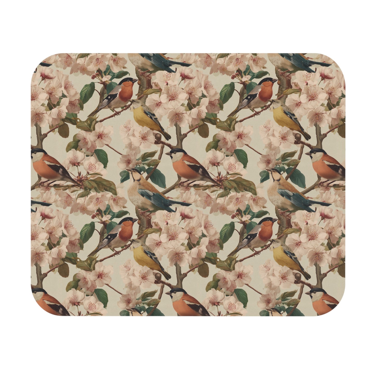 Vintage Songbirds and Cherry Blossoms Mouse Pad | Floral Bird Desk Mat