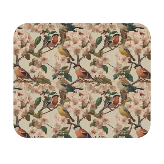 Vintage Songbirds and Cherry Blossoms Mouse Pad | Floral Bird Desk Mat