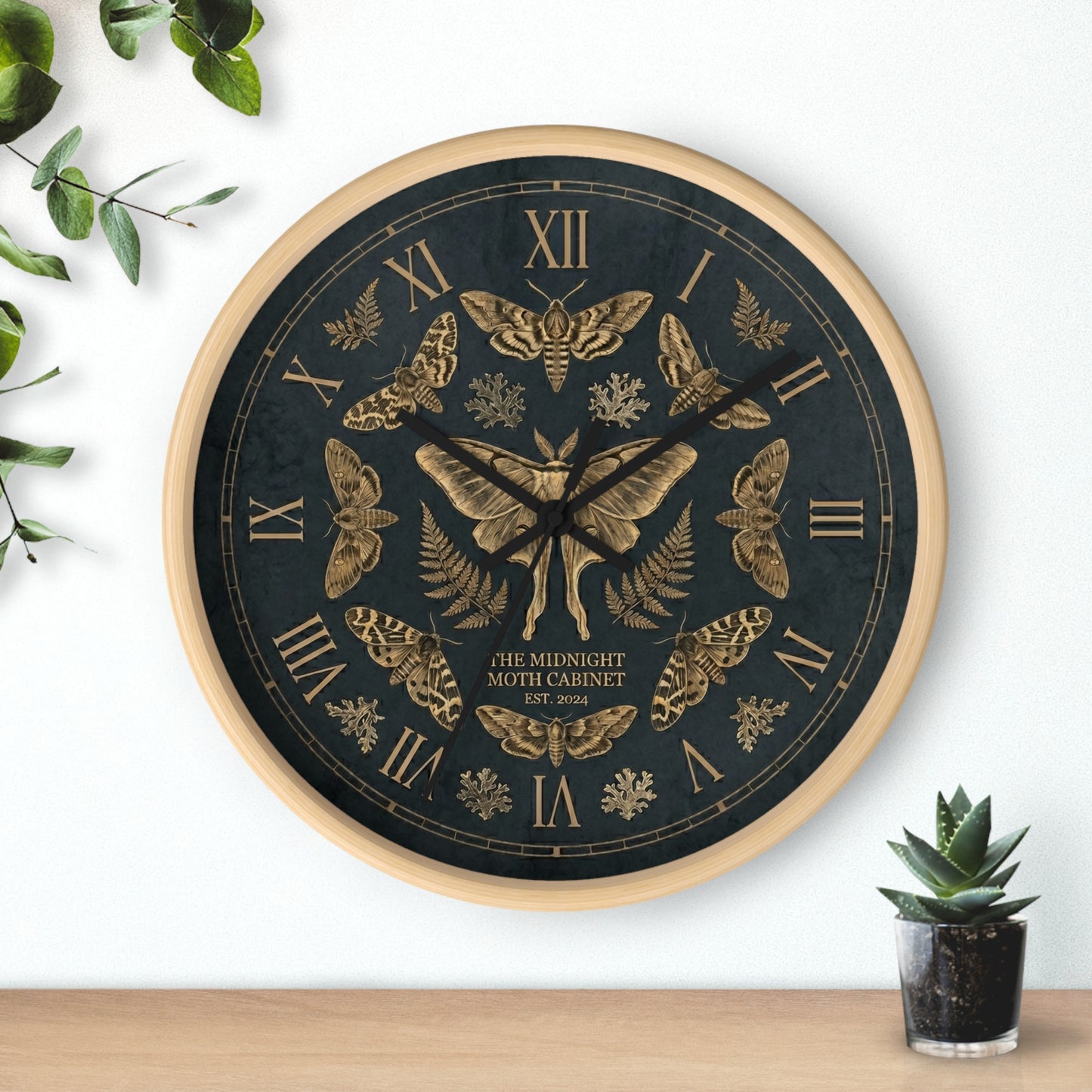 Midnight Moth Illustration Wall Clock | Vintage Moth Pattern, Roman Numerals
