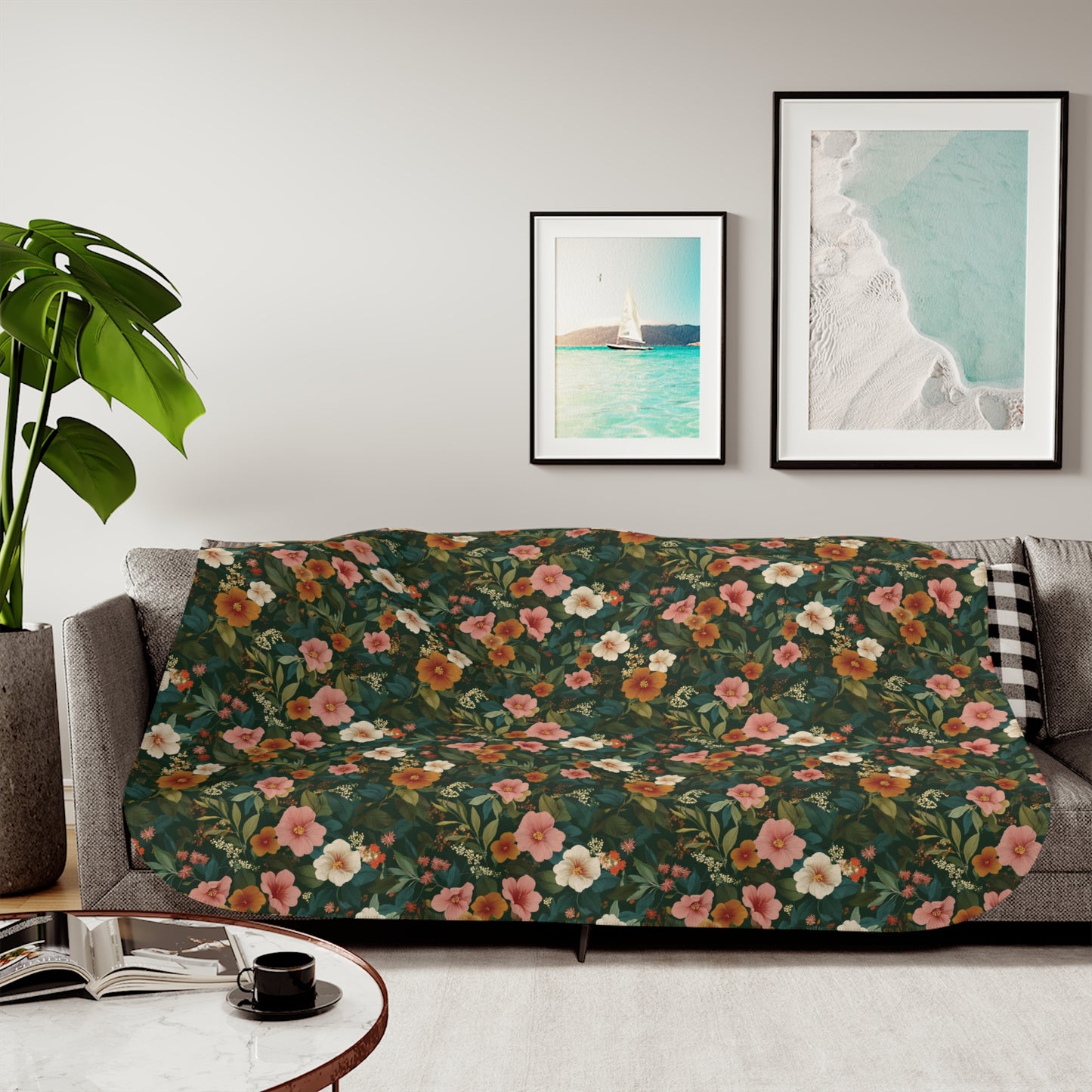 Vintage Floral Pattern Sherpa Blanket | Green, White, Orange and Pink Blossom Throw