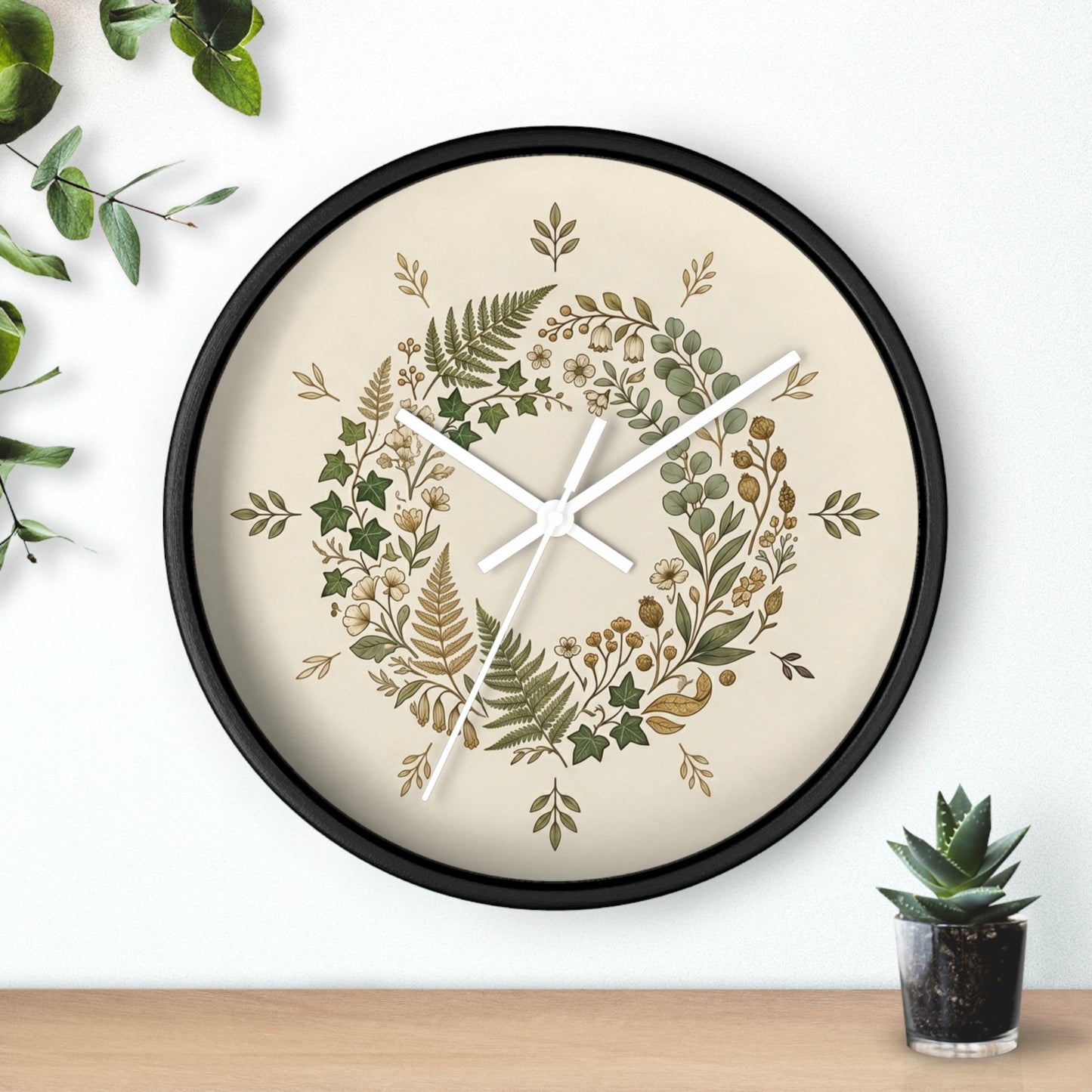 Botanical Wreath Wall Clock | Neutral Fern Floral Clock