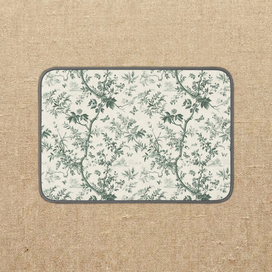 Vintage Botanical Dish Drying Mat | Sage Green Toile de Jouy Kitchen Mat | Cottagecore Housewarming Gift | Aesthetic Microfiber Counter