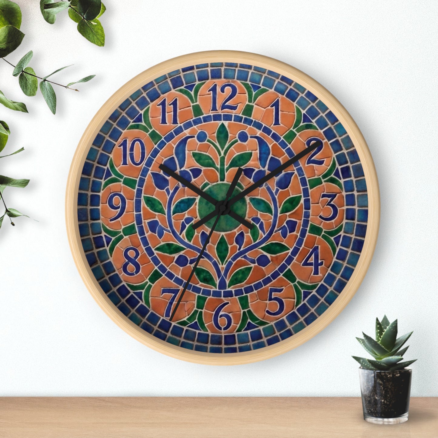 Mosaic Style Wall Clock - Terracotta Azure Blue Floral Print, Mediterranean Botany Decor