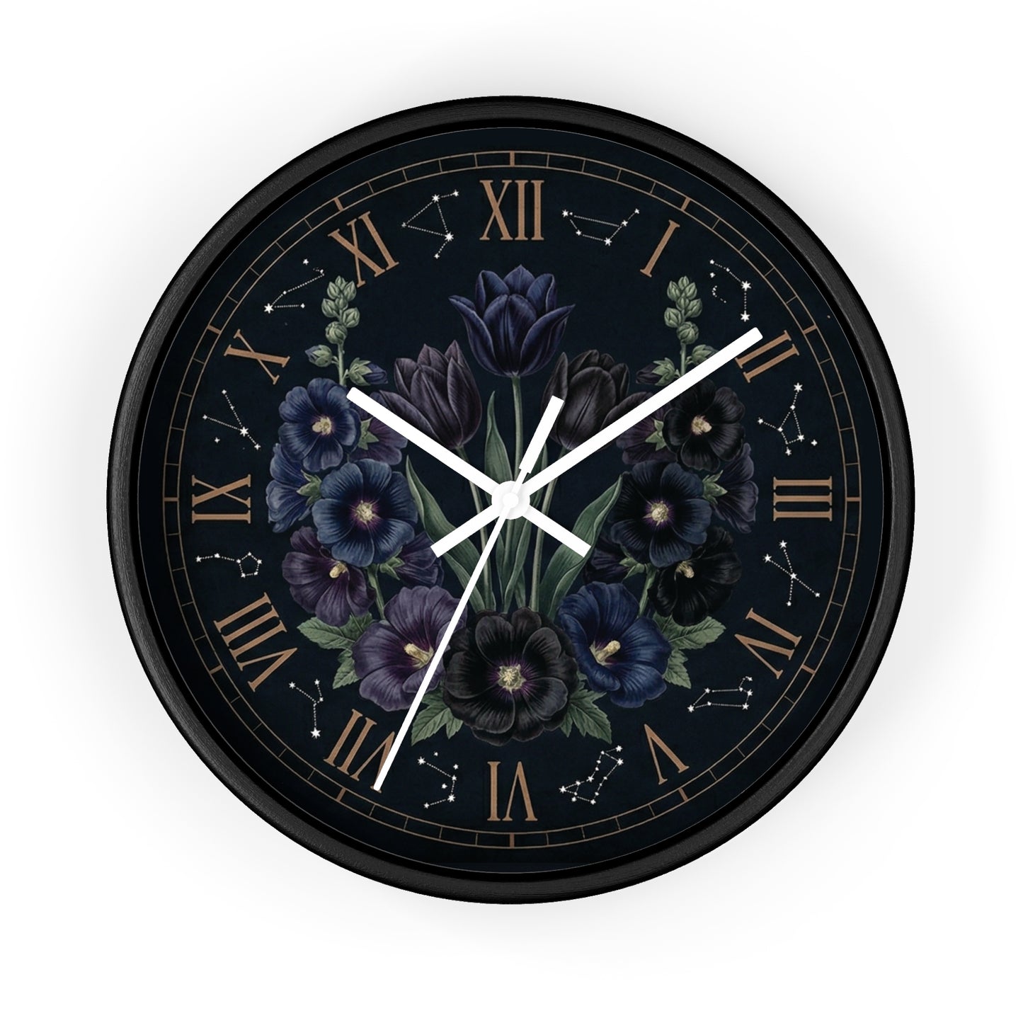 Midnight Violet Florals Wall Clock | Roman Numerals, Constellation Accents