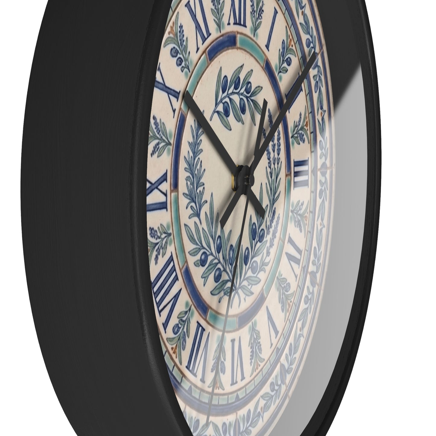 Blue Olive Wreath Wall Clock | Roman Numerals, Ceramic Tile Style