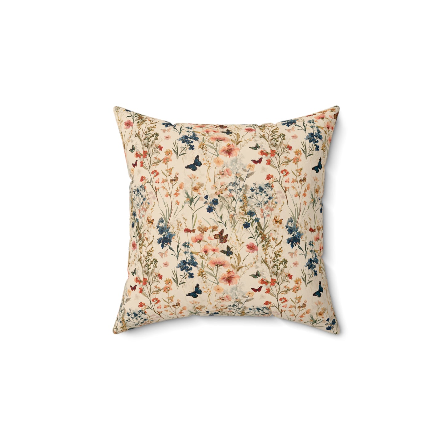 Vintage Wildflower and Butterfly Spun Polyester Square Pillow | Floral Throw Cushion