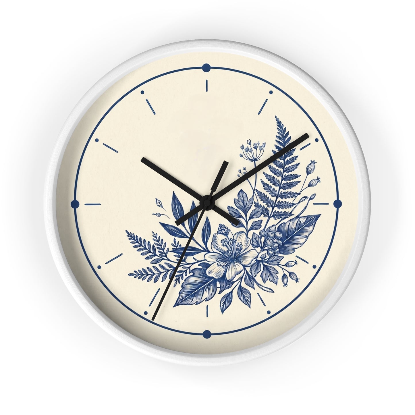 Blue Floral Illustration Wall Clock | Coastal Botanical Flower Clock