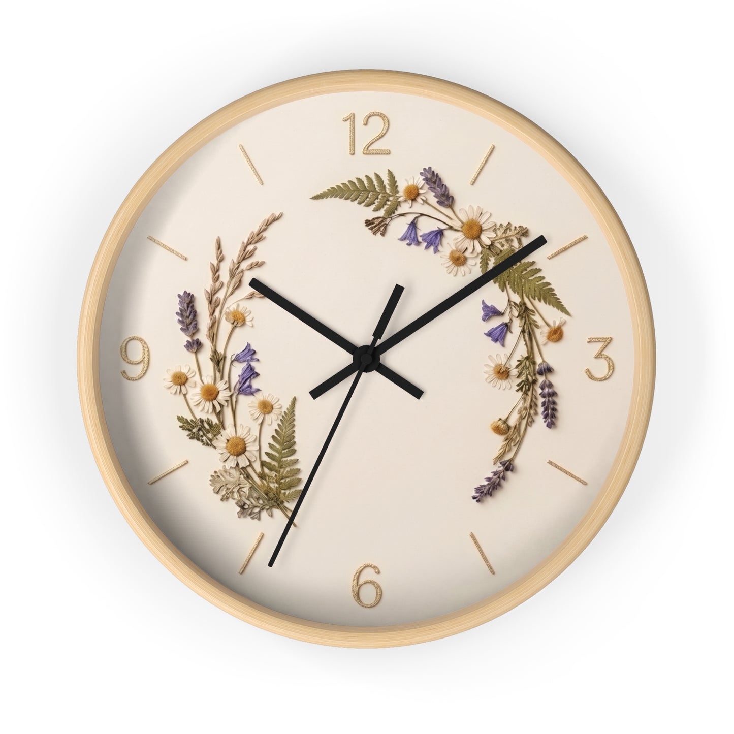 Wildflower Wreath Minimalist Wall Clock | Botanical Floral Timepiece