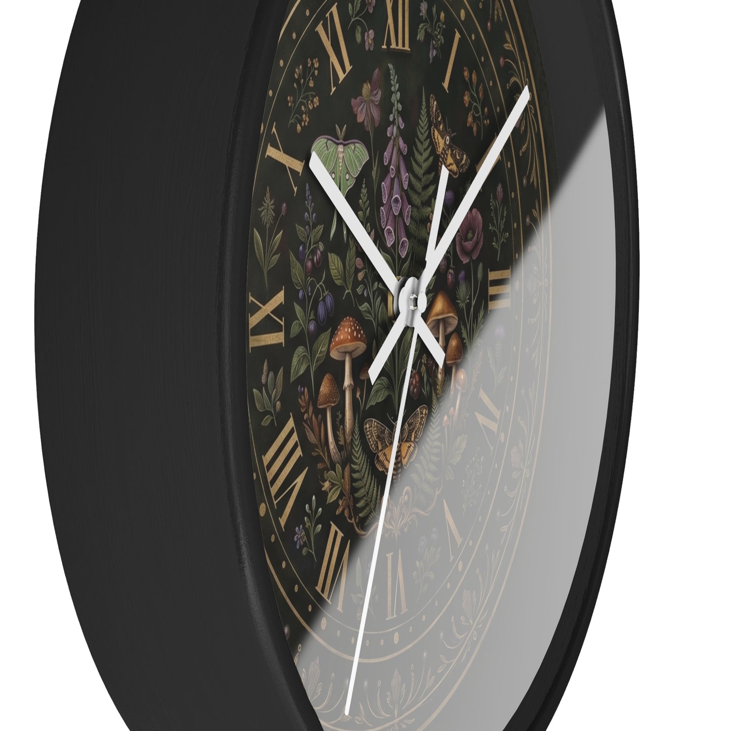Moth & Mushroom Floral Wall Clock | Botanical Roman Numeral Timepiece